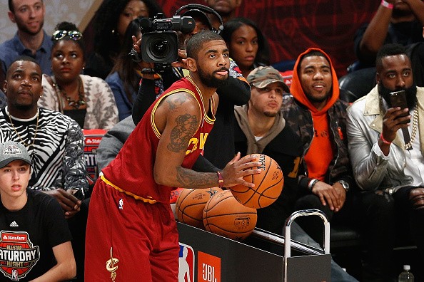 Kyrie Irving of the Cleveland Cavaliers competes in the 2017 JBL Three-Point Contest at Smoothie King Center on Feb. 18, 2017 in New Orleans, Louisiana.