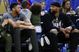 Anthony Davis of the New Orleans Pelicans talks to DeMarcus Cousins of the Sacramento Kings during the NBA All-Star Celebrity Game at the Mercedes-Benz Superdome on Feb. 17, 2017 in New Orleans, Louisiana.  