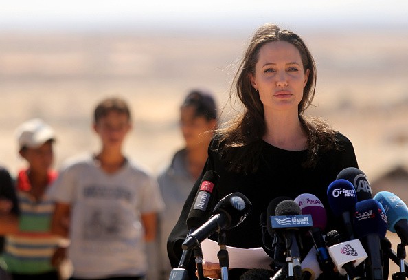 Angelina Jolie during  a press conference at Al- Azraq camp for Syrian refugees.