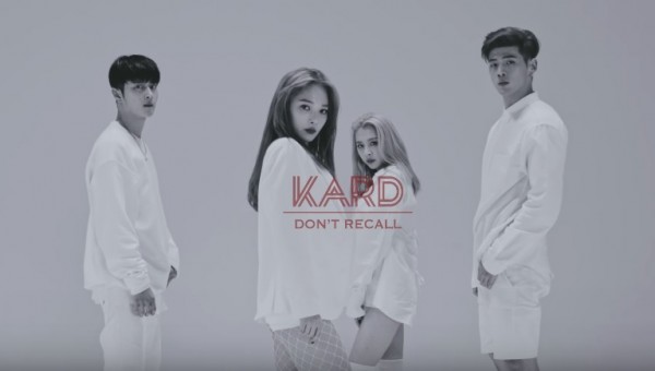 Quartet mixed gender group K.A.R.D in the official music video of "Don't Recall."