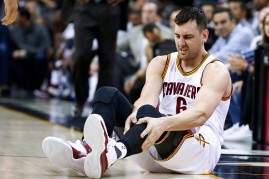 Andrew Bogut reacts after collision with Miami Heat forward Okaro White on March 6, 2017.