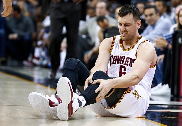 Andrew Bogut reacts after collision with Miami Heat forward Okaro White on March 6, 2017.