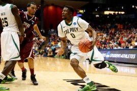 Dave Nwaba in one of thje game in NCAA with Cal Poly Mustangs against the Texas Southern Tigers in 2014 NCAA Men's Basketball Tournament in Dayton, Ohio. 