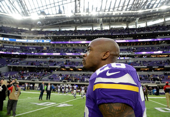 Adrian Peterson of the Minnesota Vikings after the game against the Indianapolis Colts on Dec. 18, 2016 at US Bank Stadium in Minneapolis, Minnesota. 