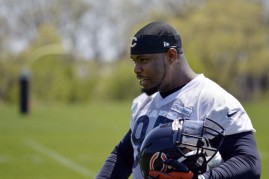 Defensive tackle Ego Ferguson in his rookie years at Halas Hall on May 18, 2014 in Lake Forest, Illinois. 