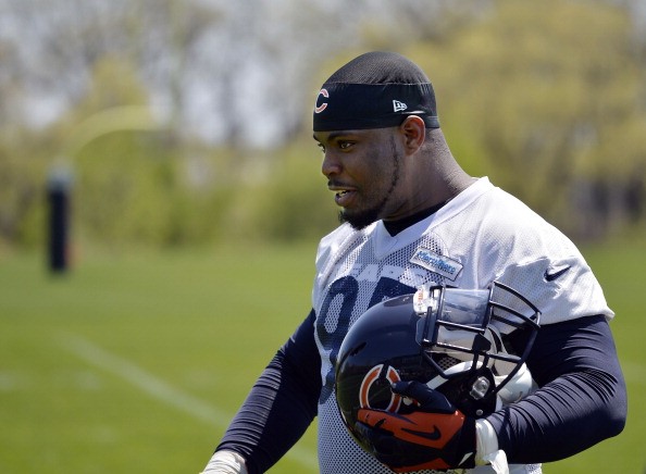 Defensive tackle Ego Ferguson in his rookie years at Halas Hall on May 18, 2014 in Lake Forest, Illinois. 