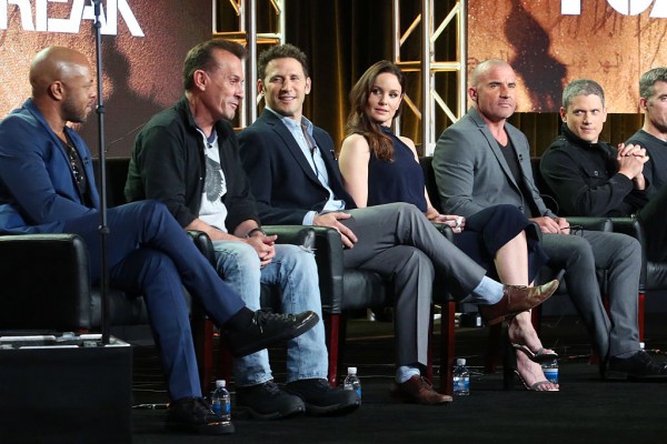 (L-R) Actors Rockmond Dunbar, Robert Knepper, Mark Feuerstein, Sarah Wayne Callies, Dominic Purcell, and Wentworth Miller of the television show 'Prisonbreak' speak onstage during the FOX portion of the 2017 Winter Television Critics Association Press Tou