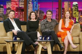  The cast of 'Will and Grace', (L to R) Sean Hayes, Megan Mullally, Eric McCormack and Debra Messing appear on 'The Tonight Show with Jay Leno' at the NBC Studios on September 13, 2004 in Burbank, California