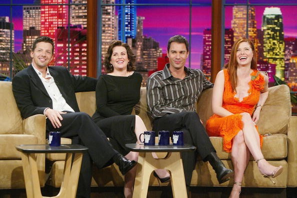  The cast of 'Will and Grace', (L to R) Sean Hayes, Megan Mullally, Eric McCormack and Debra Messing appear on 'The Tonight Show with Jay Leno' at the NBC Studios on September 13, 2004 in Burbank, California