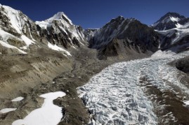 An aerial photograph of the Khumbu Icefall along Everest's West Shoulder including Changtse at 5200m and Khumbutse-6640m May 15, 2003 on the Nepal-Tibet border