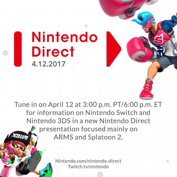 The official announcement from Nintendo about the Nintendo Direct video presentation on Wednesday, April 12, 2017.