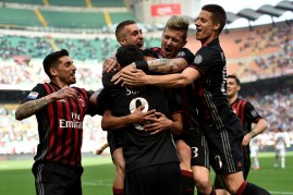 Suso of Milan celebrates after scoring the opening goal during the Serie A match between AC Milan and US Citta di Palermo at Stadio Giuseppe Meazza on April 9, 2017 in Milan, Italy. 