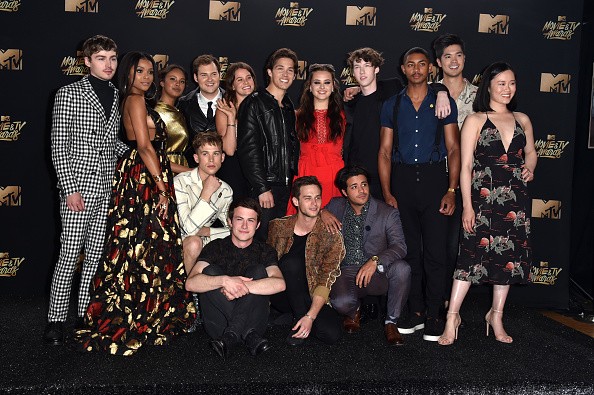 Cast of '13 Reasons Why' poses in the press room during the 2017 MTV Movie And TV Awards