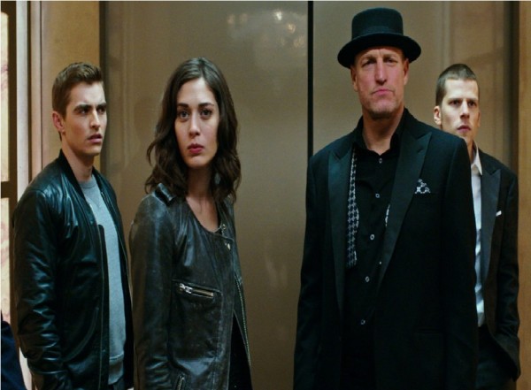 A screenshot featuring Jesse Eisenberg, Woody Harrelson, Dave Franco and Lizzy Caplan taken from the film "Now You See Me 2."