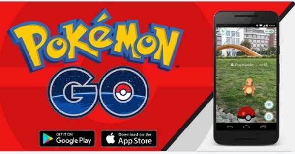 An advertisement of Pokemon GO encourages users to download the game on the App Store and Google Play.