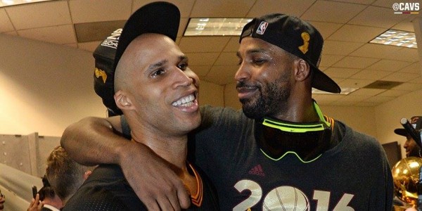 Cleveland Cavaliers forward Richard Jefferson (L) with Tristan Thompson after their Game 7 NBA Finals victory over the Golden State Warriors