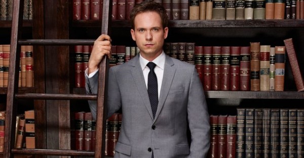 A photo of Patrick J. Adams on the set of Suits. 