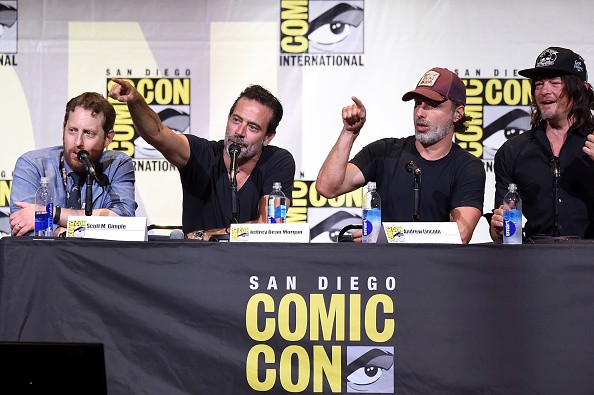 : (L-R) Writer/producer Scott M. Gimple, actors Jeffrey Dean Morgan, Andrew Lincoln, and Norman Reedus attend AMC's 'The Walking Dead' panel during Comic-Con International 2016 at San Diego Convention Center on July 22, 2016