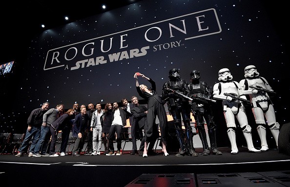 Rogue One characters take a selfie on stage during the Rogue One Panel at the Star Wars Celebration 2016 at ExCel on July 15, 2016.