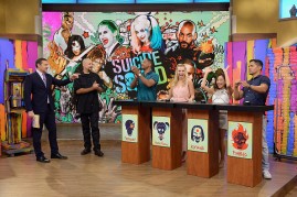Alan Tacher, David Ayer , Will Smith, Margot Robbie, Karen Fukuhara and Jay Hernandez on the set of Univisions 'Despierta America' to support the film 'suicide Squad' at Univision Studios on July 25, 2016 in Miami, Florida. 