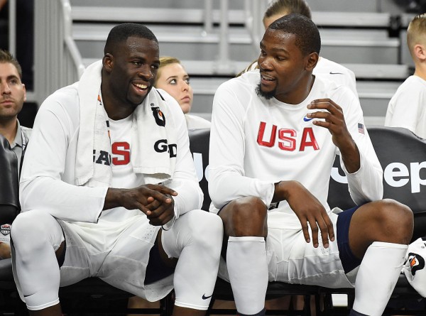 Golden State Warriors and Team USA teammates Draymond Green (L) and Kevin Durant