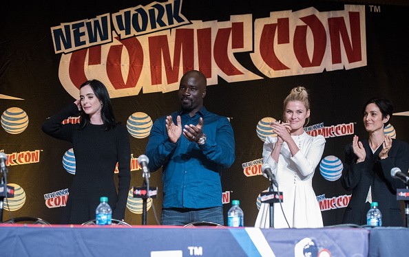 Krysten Ritter, Mike Colter, Rachel Taylor and Carrie-Anne Moss attend the Netflix Presents The Casts Of Marvel's Daredevil And Marvel's Jessica Jones At New York Comic-Con at Jacob Javits Center on October 10, 2015 in New York City. 