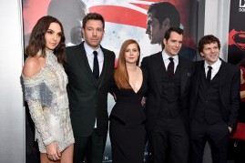 (L-R) Actors Gal Gadot, Ben Affleck, Amy Adams, Henry Cavill, and Jesse Eisenberg attend the launch of Bai Superteas at the 'Batman v Superman: Dawn of Justice' premiere on March 20, 2016 in New York City. 