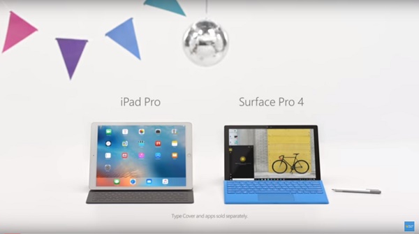 Apple's iPad Pro and Microsoft's Surface Pro 4 as featured in the new Microsoft Surface ad.