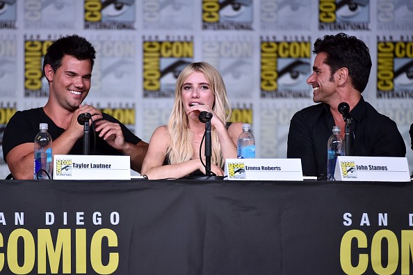 Actors Emma Roberts, Taylor Lautner and John Stamos attend the 'Scream Queens' panel during Comic-Con International 2016 at San Diego Convention Center on July 22, 2016 in San Diego, California. 