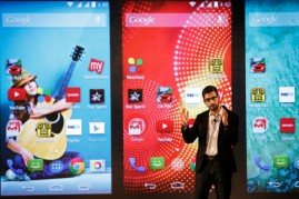 Sundar Pichai, senior vice president of Android, Chrome and Apps at Google Inc., gestures as he speaks during the company's Android One smartphone launch event in New Delhi, India, on Monday, Sept. 15, 2014.