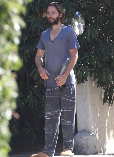 Smiling Jared Leto was spotted in his slippers outside his LA home on Thursday after being cast in "Blade Runner" sequel.
