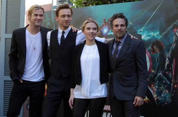 Actors Chris Hemsworth, Tom Hiddleston, Scarlett Johansson, and Mark Ruffalo attended "The Avengers" photocall at De Russie Hotel on April 21, 2012 in Rome, Italy.