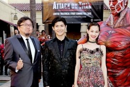Director Shinji Higuchi, actors Haruma Miura , and Kiko Mizuhara attend the 'ATTACK ON TITAN' World Premiere on July 14, 2015 in Hollywood, California.