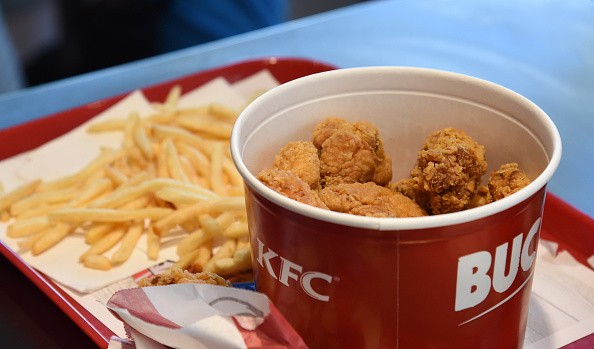 Some chips and chicken fried of a KFC restaurant in Milan are displayed during the opening of a new Kentucky Fried Chicken branch on July 28, 2016 in Milan, Italy. KFC Milan seats 160 with 30 staff and will be open 7 days a week from 12 PM to 24 AM