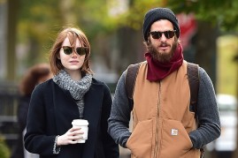 Emma Stone and Andrew Garfield are seen in the West Village on October 31, 2014 in New York City.
