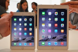 The iPad Air 2 (R) and iPad Mini 3 are displayed during an Apple special event on October 16, 2014 in Cupertino, California. 