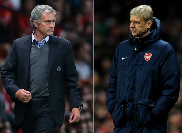 Manchester United manager Jose Mourinho (L) and Arsenal manager Arsene Wenger