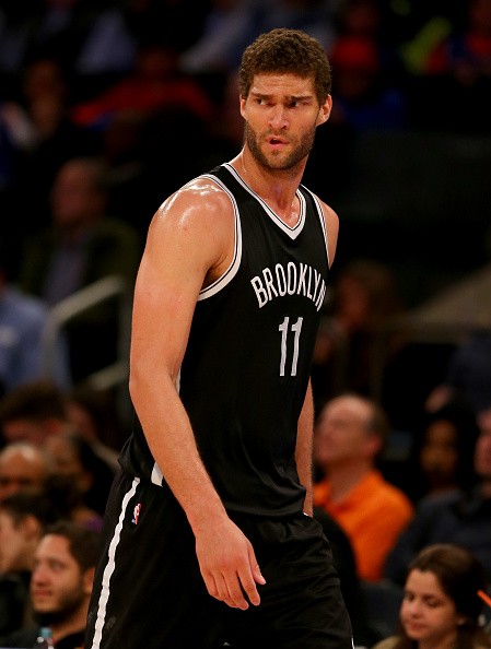 Brook Lopez of the Brooklyn Nets in the second half against the New York Knicks on April 1, 2016 in New York City. 