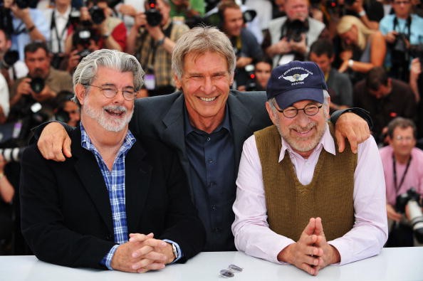 Director/producer George Lucas, actor Harrison Ford and Director Steven Spielberg pose at the Indiana Jones and The Kingdom of The Crystal Skull - photocall at the Palais des Festivals during the 61st International Cannes Film Festival on May 18 , 2008 in