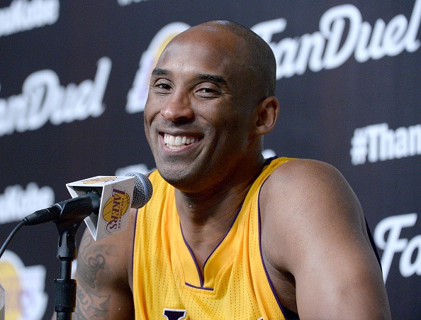 Kobe Bryant of the Los Angeles Lakers address the media on April 13, 2016 in Los Angeles, California.